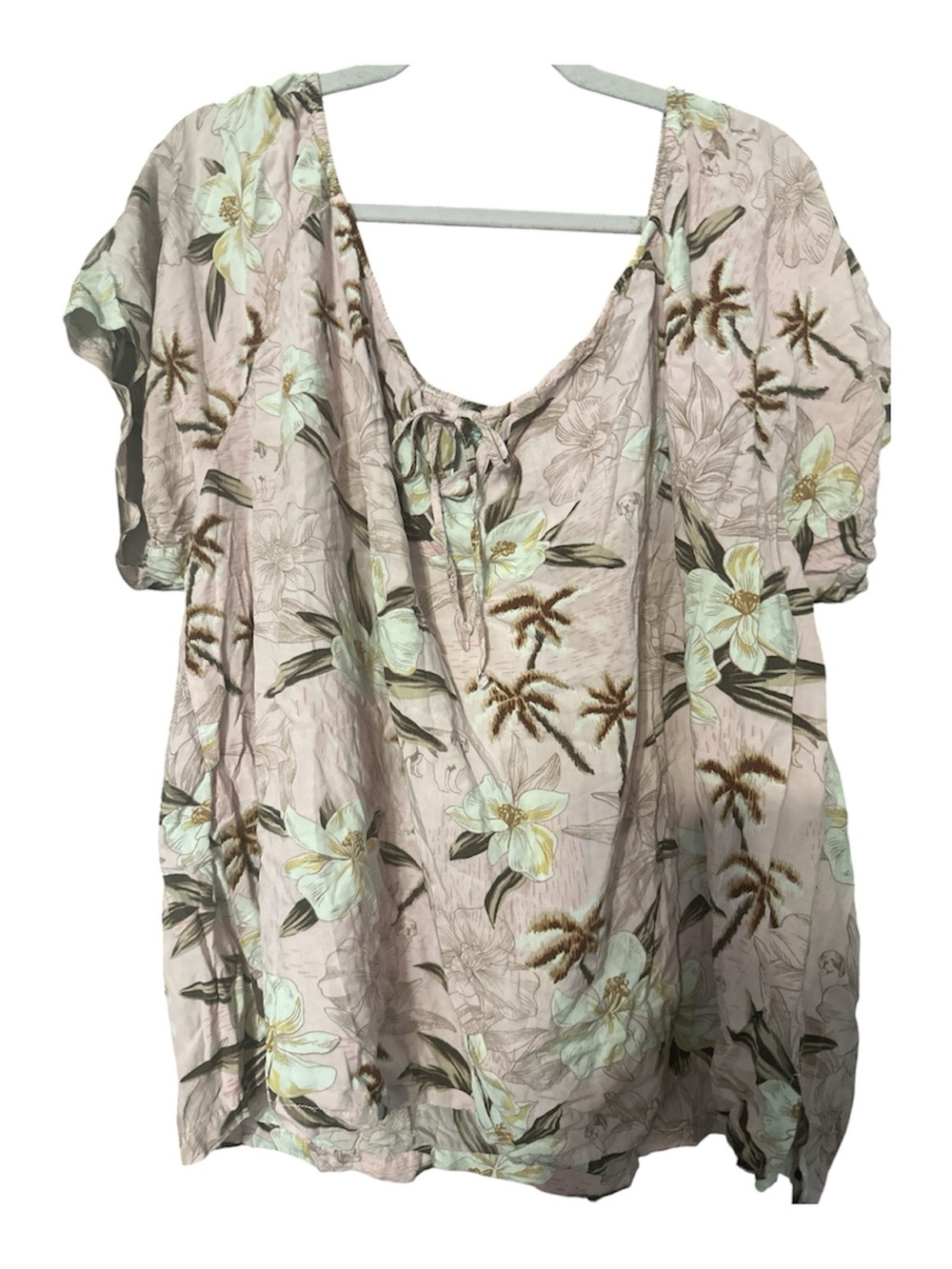 Big Dogs Floral Tie-Front Puff Sleeve Top - Light Pink and Mint 22/24 100% rayon